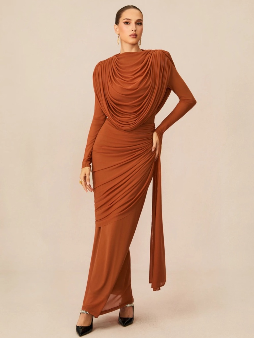 Sunfere Sculpted Draped Long Sleeve Maxi Dress in Rust